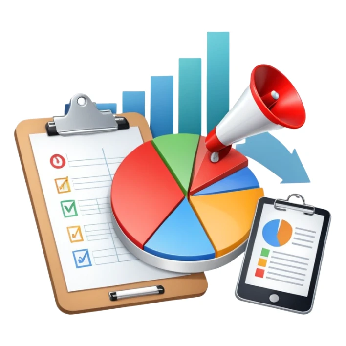 An icon featuring a pie chart, a megaphone, and a clipboard with strategy plans, symbolizing management and marketing. The design includes upward-trending graphs set against a modern office backdrop. Transparent background emphasizes business strategy and communication. sticker