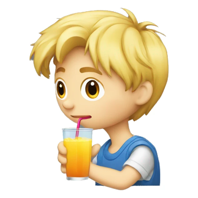 A blonde boy sucking or drinking juice with a straw while his hand is holding the drink, profile view sticker