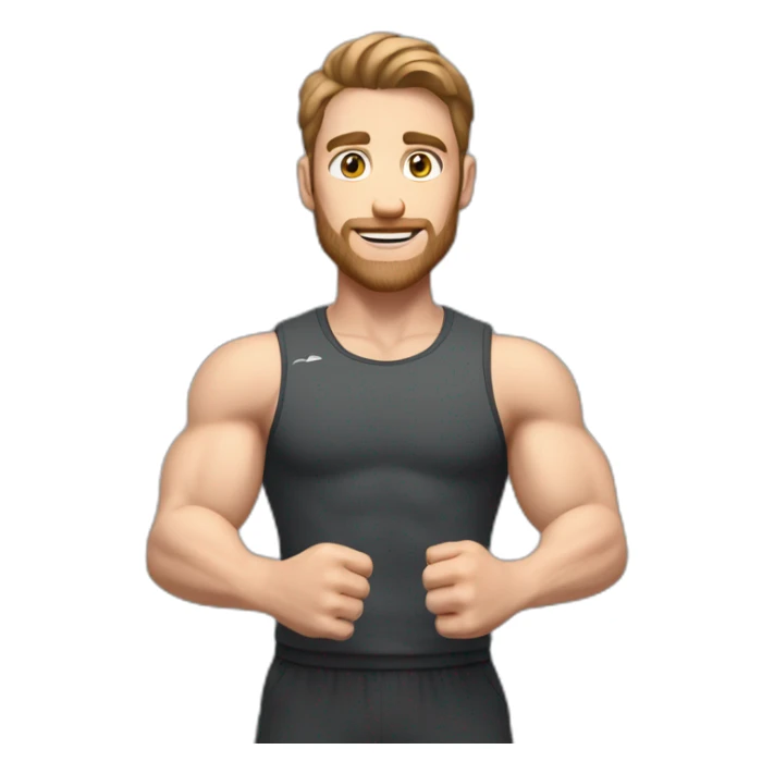 Close up Actively gesturing  with hands Pale skinned Fit Man With the biceps and brown hair in dark gray Sleeveless Mike, black oversize sports shorts, watch and white Sneakers sticker