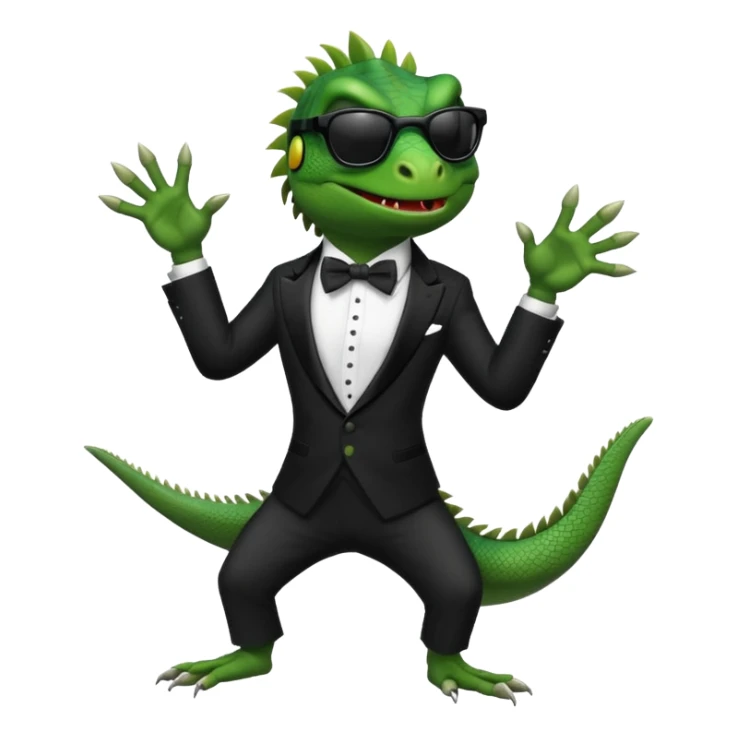 capitalist iguana in tuxedo with black sunglasses dancing sticker