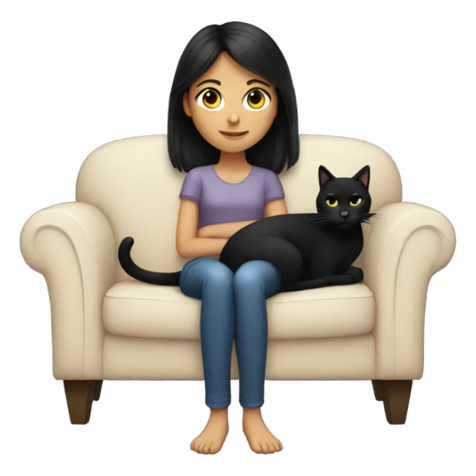 dark haired girl sitting on couch with a black cat in her lap sticker
