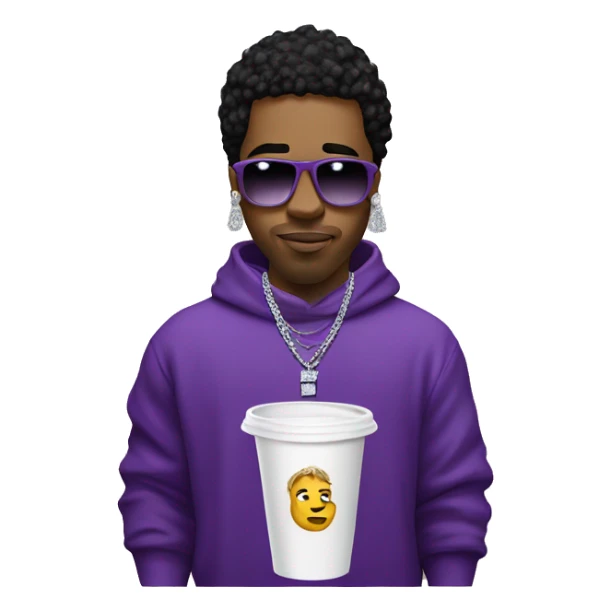 rapper with diamond chain, monogram sweater, white stirofoam cup with purple liquid sticker