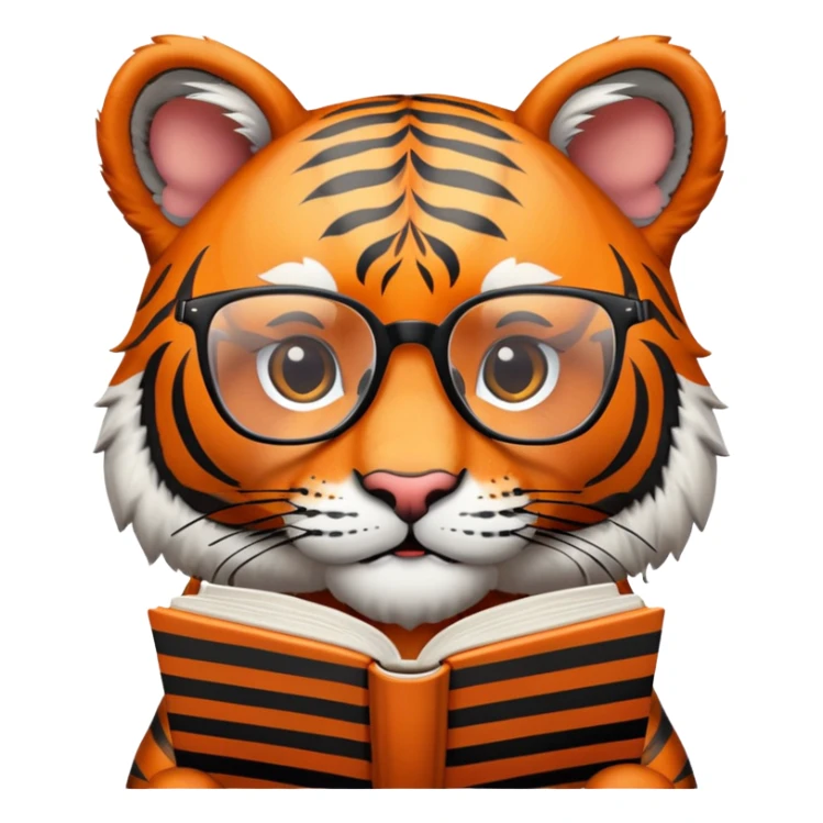 tiger face holding book wearing glasses for Twitch emote sticker