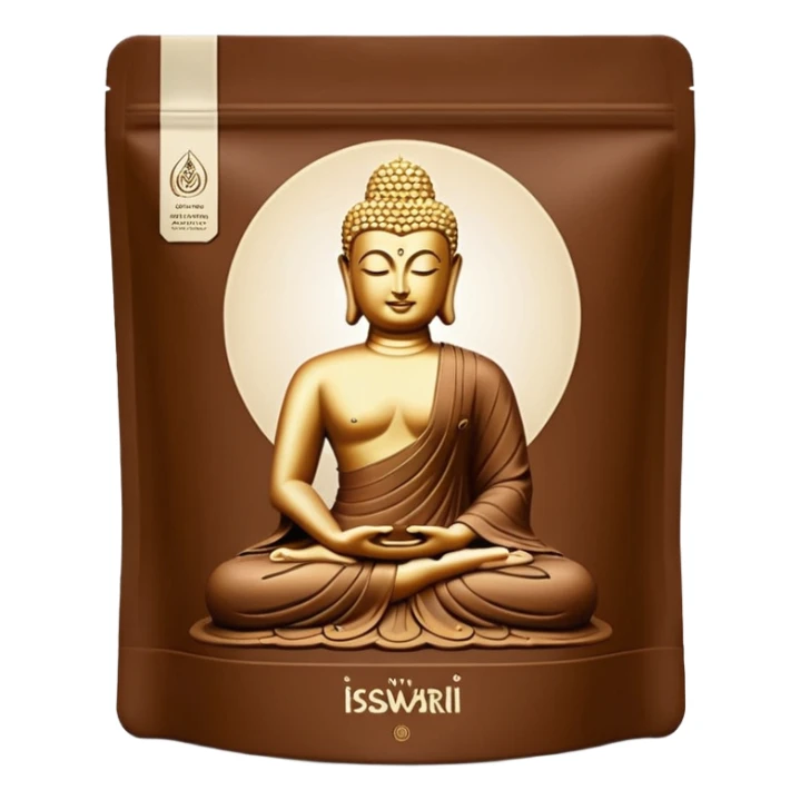 realistic standing pouch, matte brown, Iswari logo, 'Éveil du Bouddha Maxi Protéines', Buddha silhouette, Vegan Gluten-Free Organic icons, full with bulge, minimal, no extra branding, no faces, clean 3D style, soft lighting, transparent background, emoji scale sticker