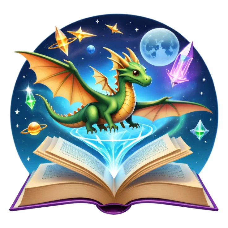 Icon for Fantasy and Sci-Fi Reading: an open book with magical creatures like dragons and fairies flying out, with a futuristic spaceship in the sky and a wizard casting spells. The icon should represent the magic and adventure of fantasy and science fiction worlds. Transparent background. sticker