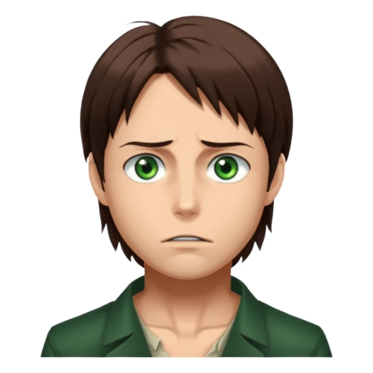 “Create an avatar that looks like Eren Yeager from Attack on Titan, Season 4 — sharp jawline, tied-back long brown hair, intense green eyes. Normal expression.  sticker