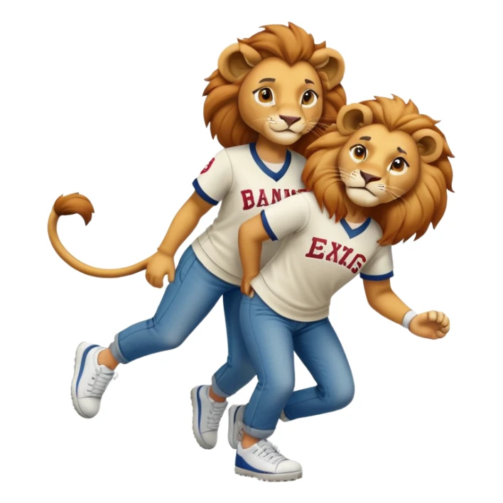 confident anthropomorphised female lion wearing a baseball shirt, jeans, and trainers, helping someone up after a fall, showing kindness sticker