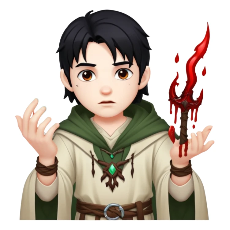 Blood, boy with black hair and druid clothes, casting blood magic sticker