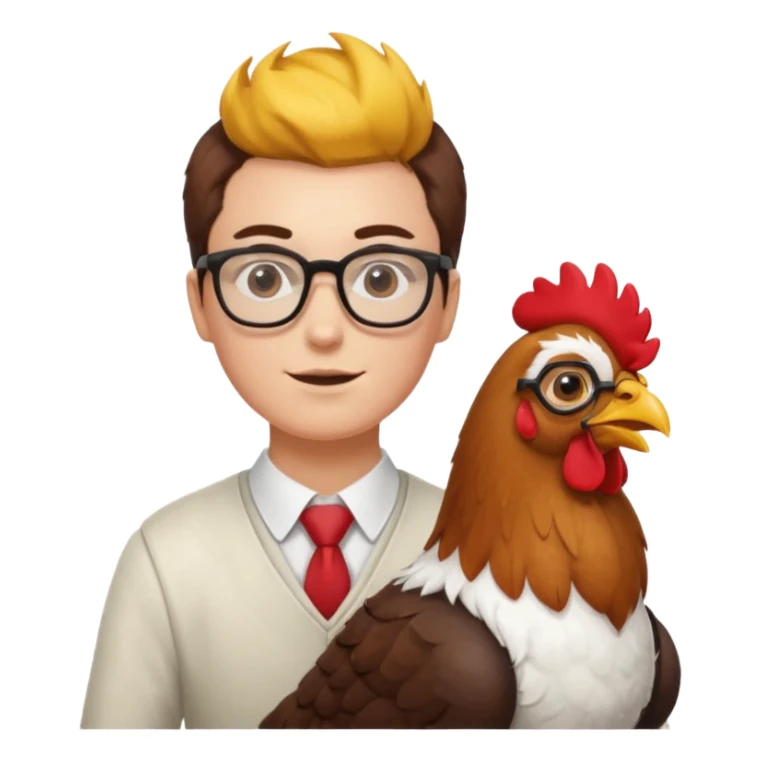 A dued whareing glasses that's ridding a dog-chicken mix sticker