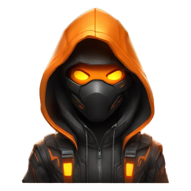  developer behind his laptop with this style : crysis Cyberpunk Valorant orange glowing bright orange character orange black hooded assassin themed character sticker