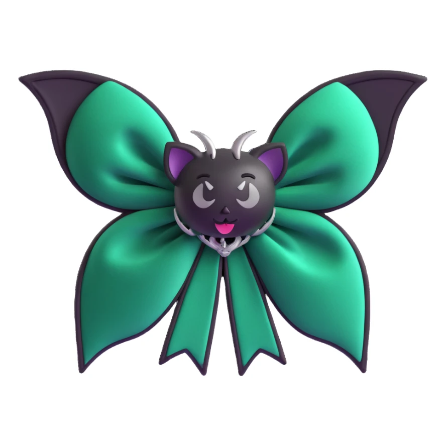 3D emoji gothic bow, dark emerald velvet, silver bat charm, black rose center, lush and gothic sticker