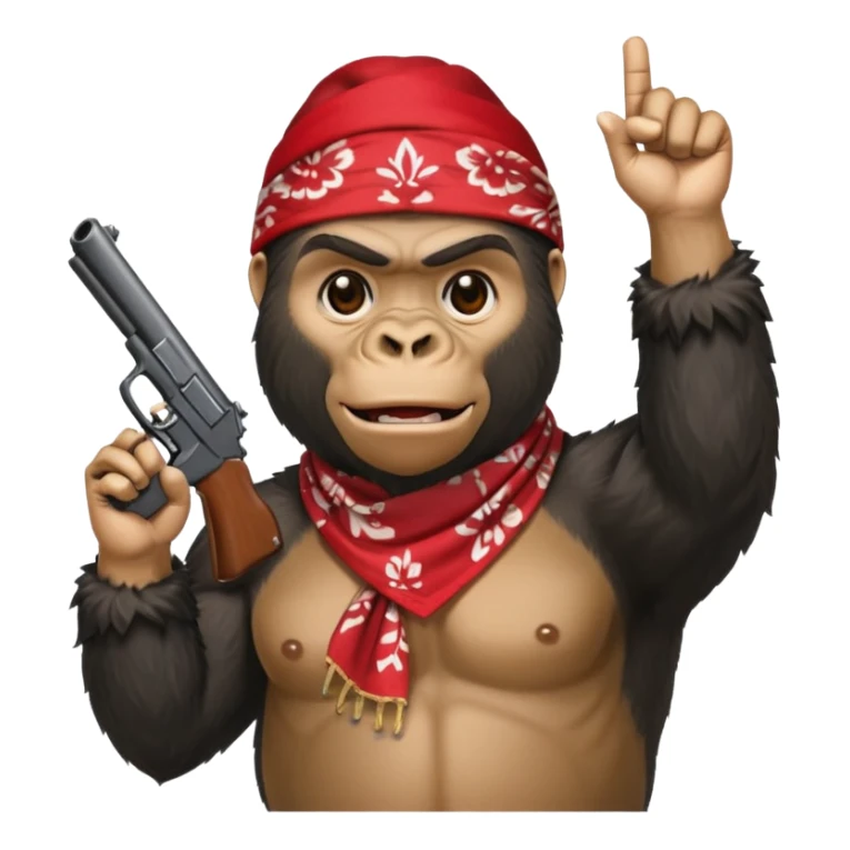 A gorilla holding a gun in the air with a bandana  sticker
