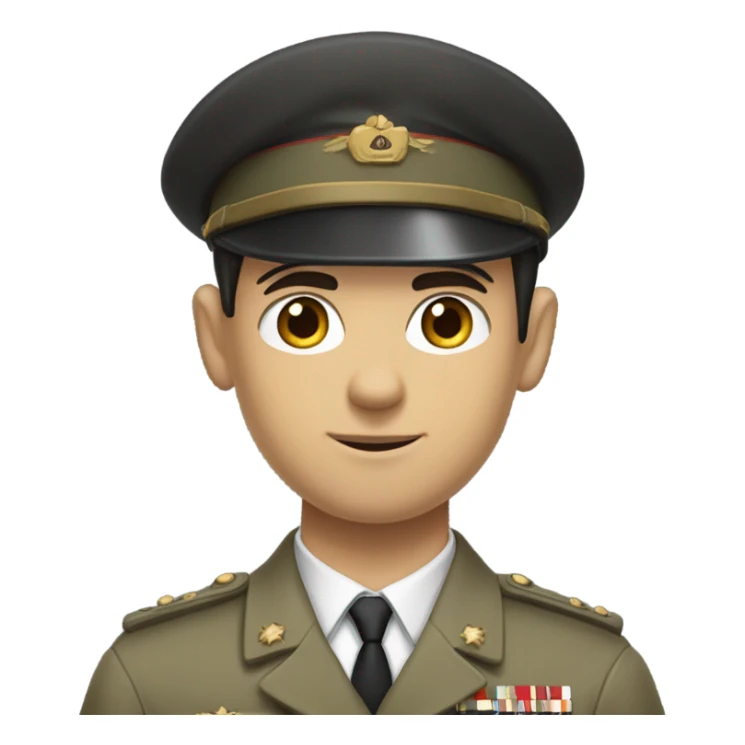 "A young man with short-cropped dark hair, a sharp jawline, and a smug expression. He wears a clean, neutral military uniform, holds a rifle" sticker