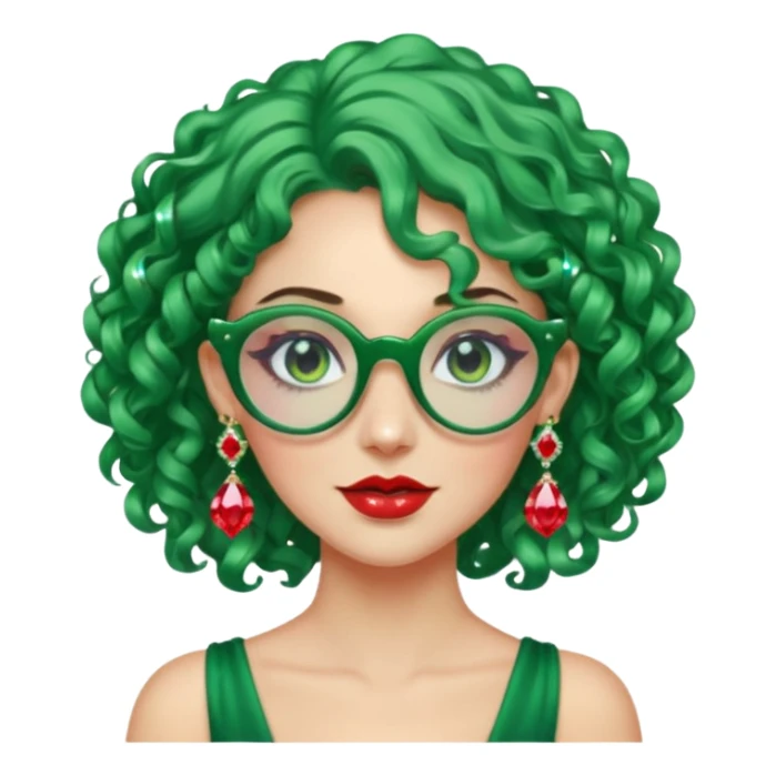 gem lover woman with gem accessories excessive amount gem glassess very big gem earrings green curly hair and red diamonds sticker