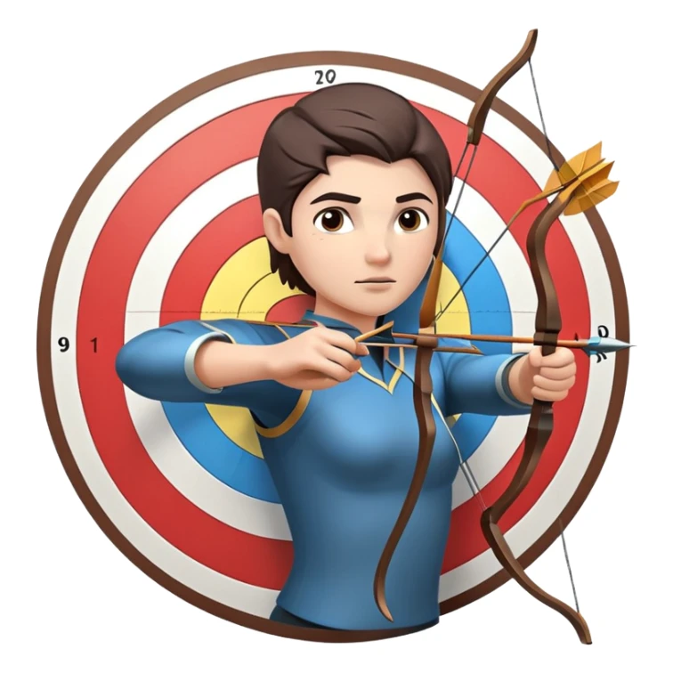 An archer drawing a bow and aiming an arrow at a target, with perfect focus and precision. The target is visible in the background, featuring concentric rings. The scene captures the concentration and skill involved in archery, emphasizing the elegance and accuracy of the sport. sticker