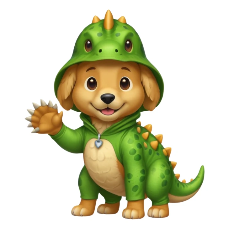 a golden retriever with a dinosaur costume sticker