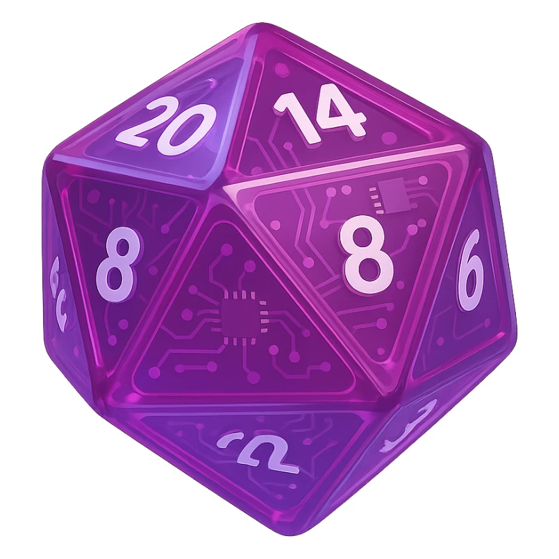 D20 dice, modern, sleek design, vibrant colors, glossy finish, purple sticker