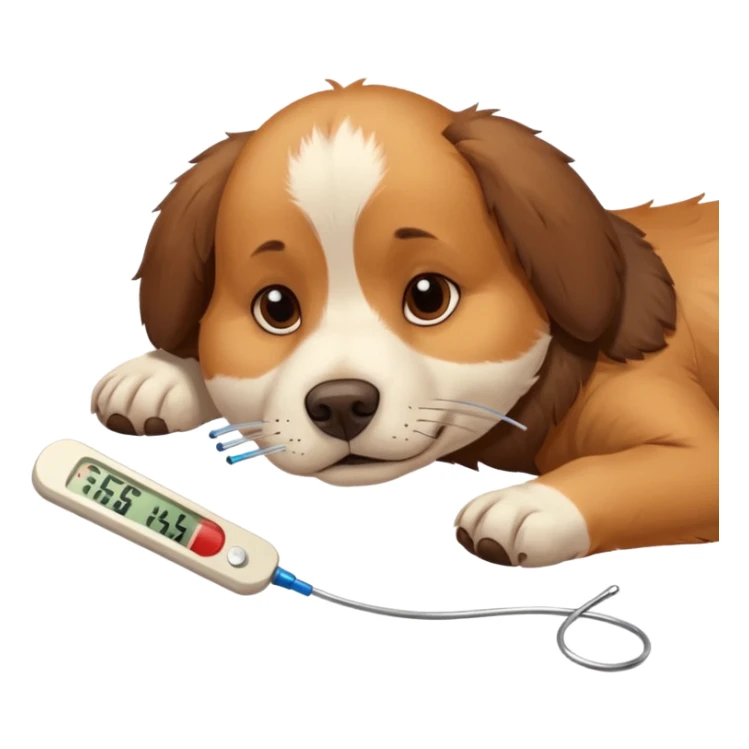 A sick dog lying down with a thermometer beside it, indicating a fever.
Cute but gentle style, warm colors, conveying concern and care. sticker