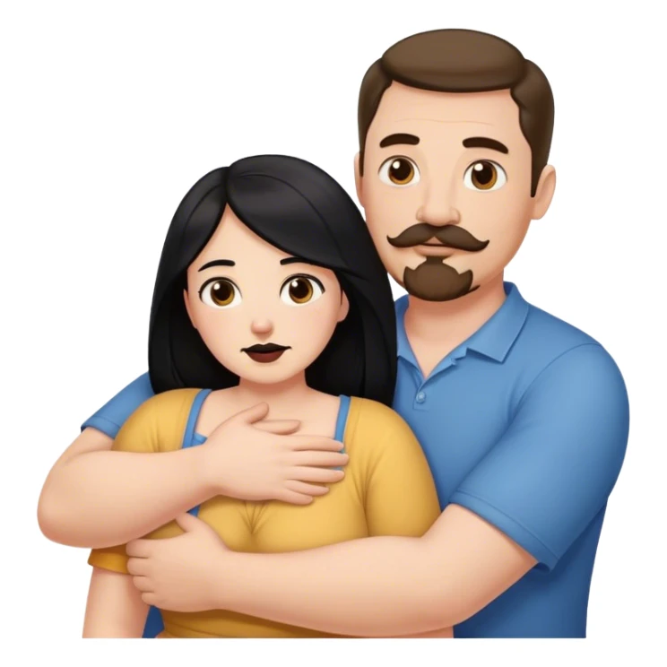 Couple, Tall strong white man with brown mustache goatee hugging a chubby short pale woman with long black hair sticker