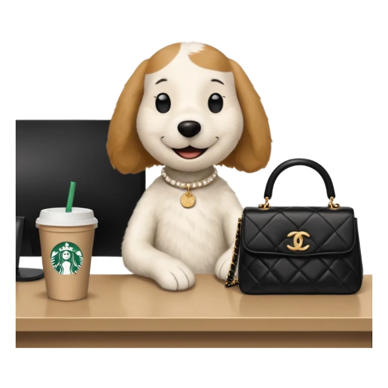 snoopy in a desk with starbucks and his chanel purse sticker