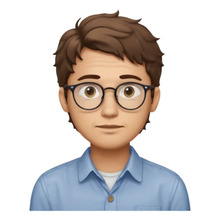 male Slim, slightly oval face, light skin.
Medium-length brown wavy hair, slightly messy.
Brown eyes, round eyeglasses.
Soft, calm expression.
No beard or very light stubble. sticker