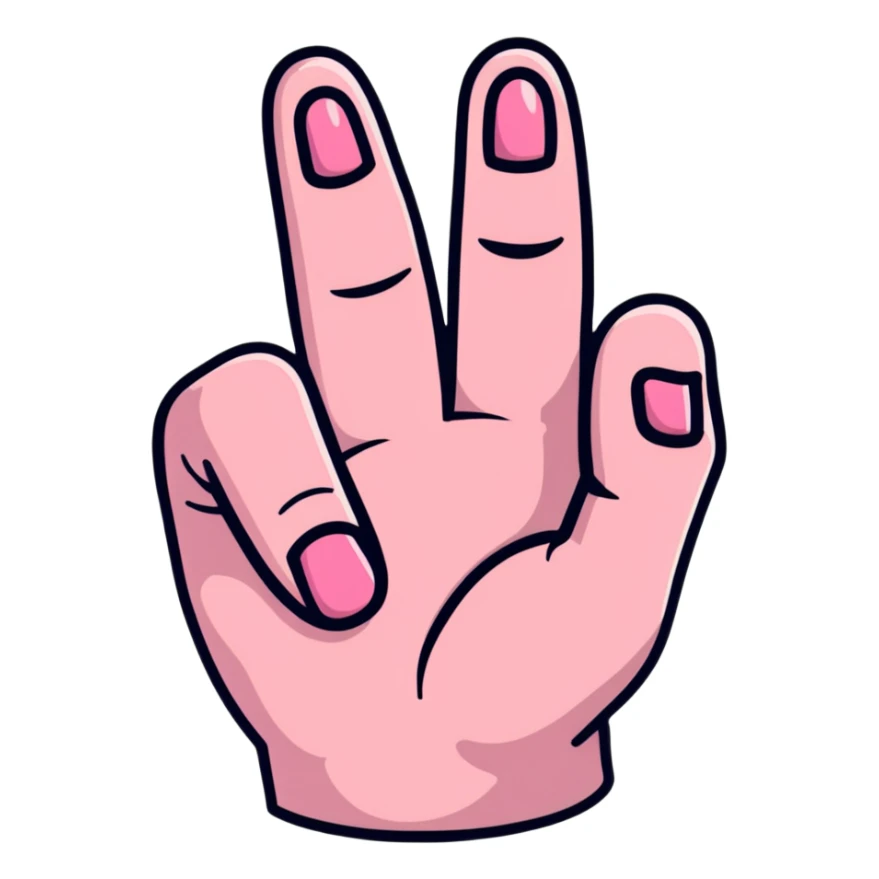 index and middle fingers pointing up, ring finger bent, little finger pointing up. index and middle fingers in pink icing, little finger in chocolate icing sticker