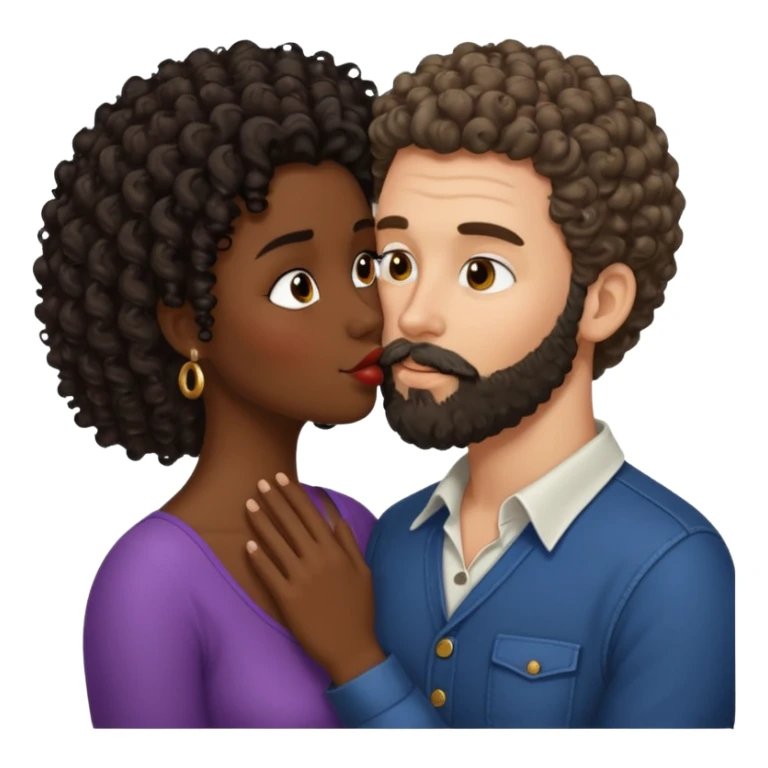Beso mujer morena rizada y hombre blanco con barba negra sticker