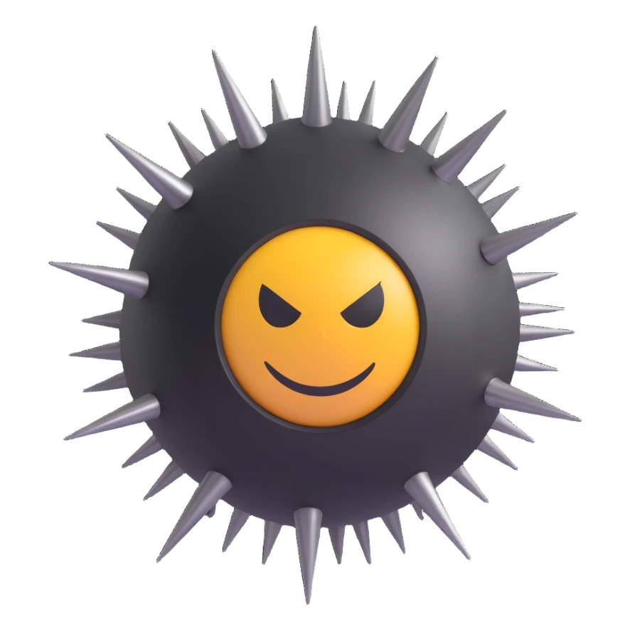 Make the spiked ball look more dangerous with sharper, longer spikes, a darker metallic finish, and menacing details in 3D emoji style with no background. sticker