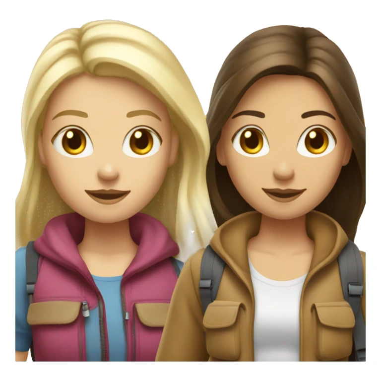 Two girls backpacking brunette and blonde hair both white sticker