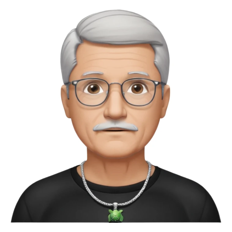 Tony Barceló is a large, strong, lively man in his 70s with short, neatly combed gray hair and a trimmed goatee. broad round face, square glasses, and a confident presence. a black outfit with a silver turtle necklace, reflecting his thoughtful, creative energy as a writer. a stubble  sticker