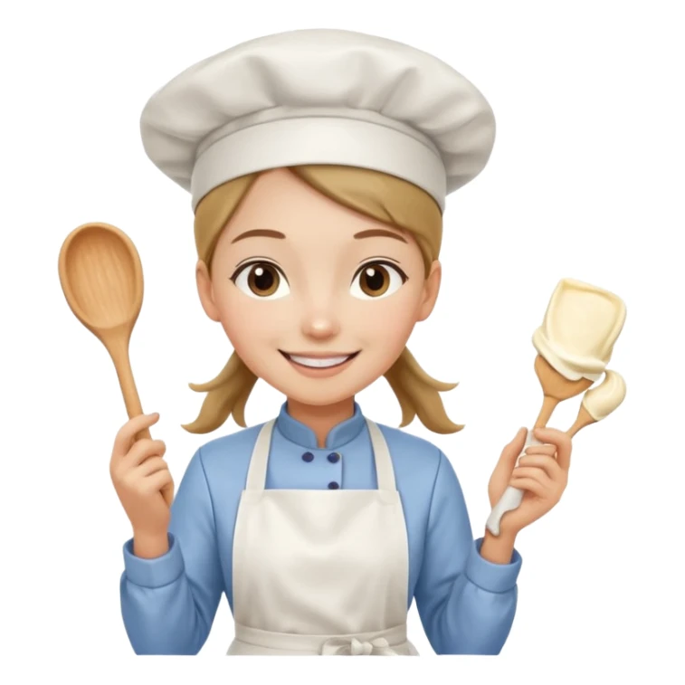 Young female pastry chef - ponytail, apron, wearing a white hat, holding a cream piping bag sticker