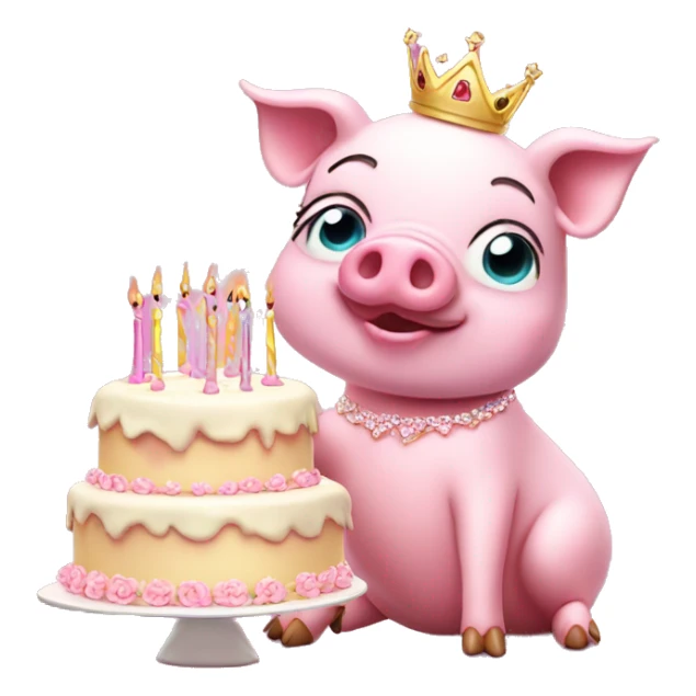 Pink pig in tutu and tiara with birthday cake  sticker
