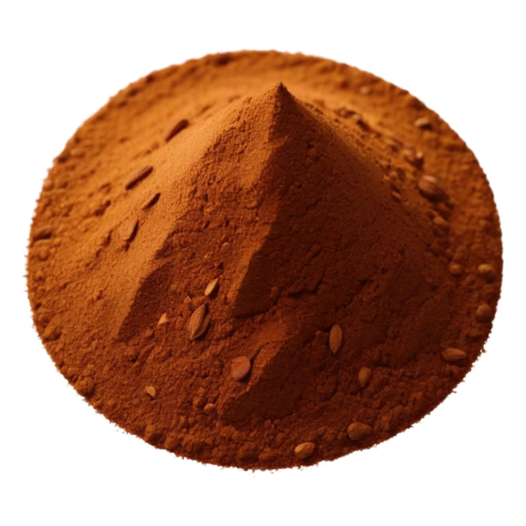 realistic garam masala, small pile or scatter, rich brown, fine to grainy texture, warm brown to cinnamon, subtle specks, natural irregular shape, clean 3D, soft lighting, transparent background, emoji scale sticker