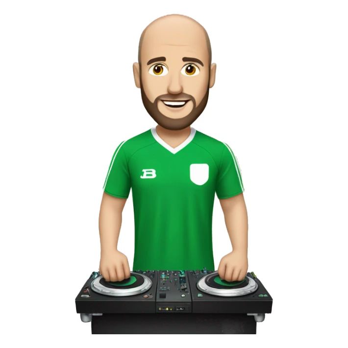 Balding guy with beard, wearing a green and white football kit, DJing sticker