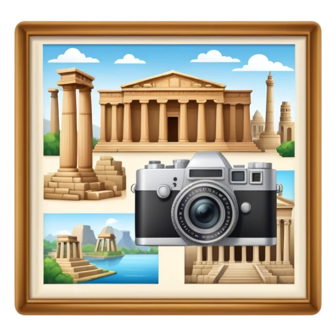 Icon for Historical and Cultural Tourism: iconic landmarks like ancient ruins, a museum and a historical monument, with a travel guidebook and camera. The icon should capture the exploration of history and culture. Transparent background. sticker