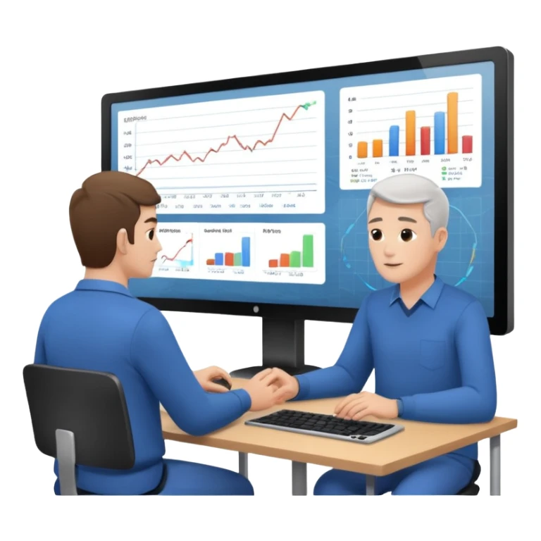 teaching somebody else in person, in the same place, watching the same monitor together, the trainee and trainer are in the similar age, two both are men, the monitor should be showing some data graphs  sticker
