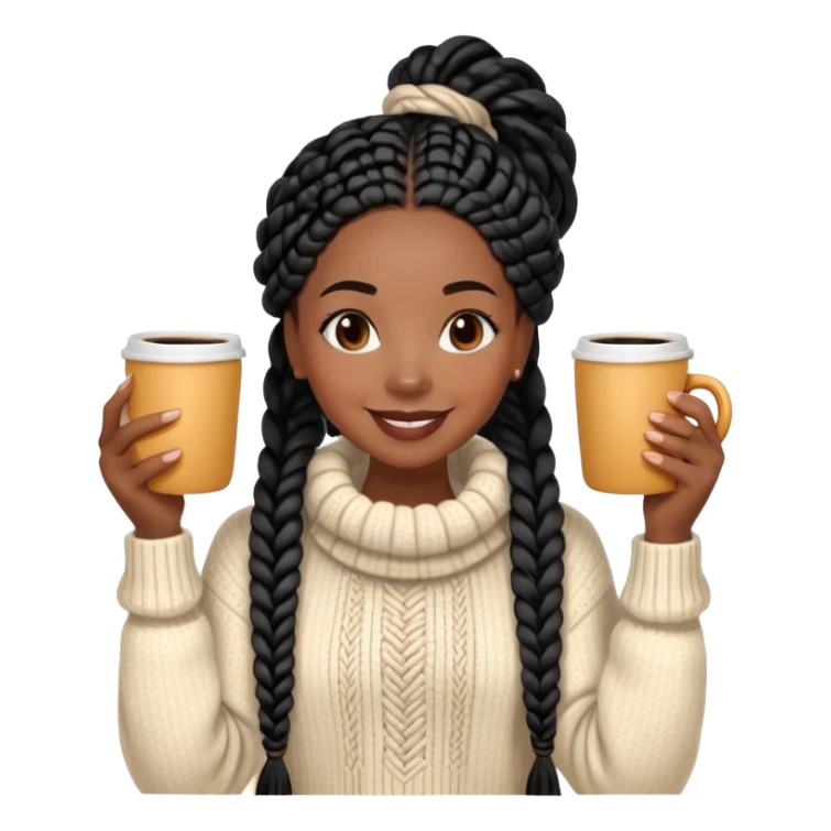 A dark-skinned Black woman with long black box braids, holding a steaming coffee cup with both hands, wearing a cozy sweater, smiling. sticker
