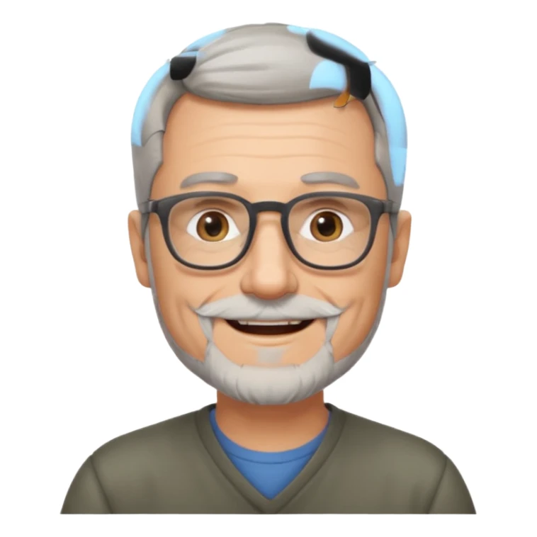 54 year old man, short shaved grey hair, beard, glasses sticker