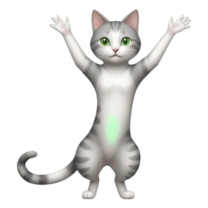 grey and white cat with green eyes doing a big extremely long stretch reaching up into the air with arms and legs side by side together sticker
