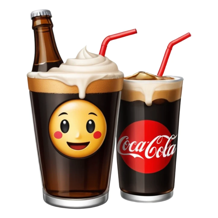 fernet con cocacola served in an improvised cup made from a cut Coca-Cola bottle, black drink with blonde foam, emoji style sticker