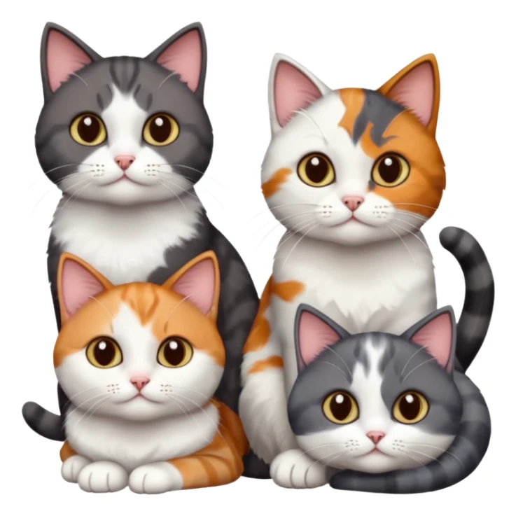 4 different coloured short haired cats including; a dark brown and white cat, and a dark grey and white, and a calico sticker