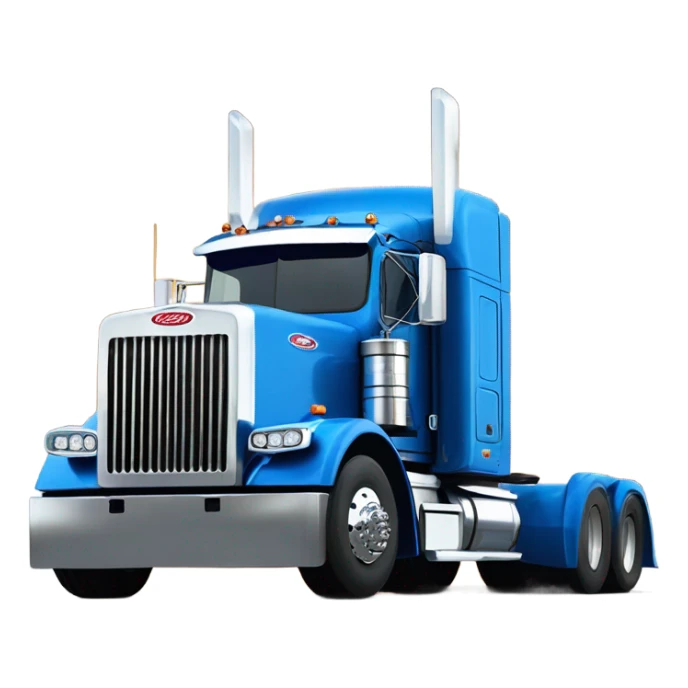 Peterbilt 389 volvo blue with flat top and slash cut exhaust stacks and dual rear tires and flat bumper sticker