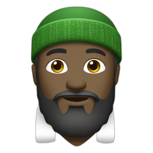 Black man with big beard wearing a green and white kufi face sticker