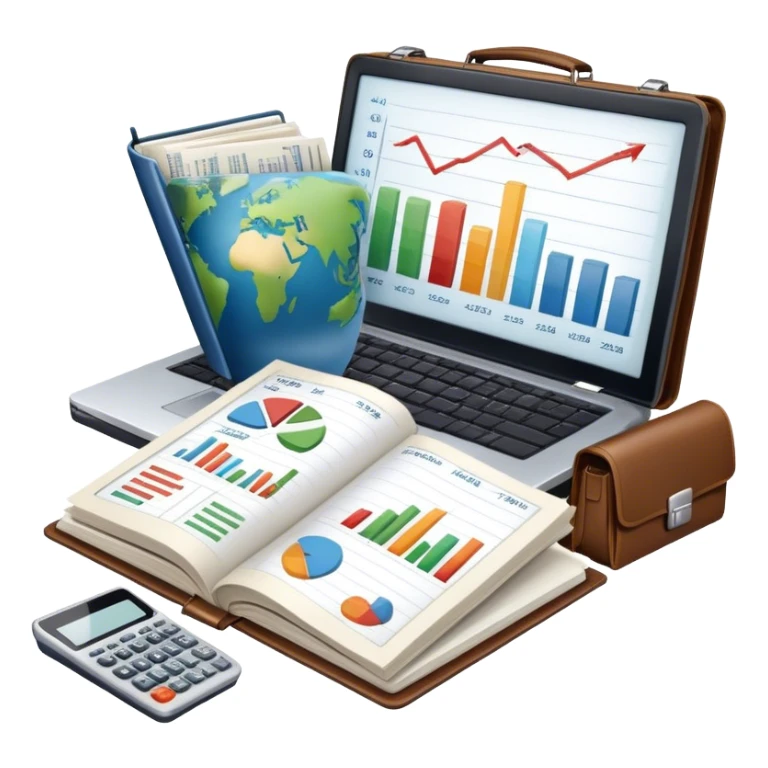 Icon for Business Reading: an open book with a graph and financial charts, a briefcase, a calculator, and a laptop nearby. The icon should represent the world of business, finance, and professional growth. Transparent background. sticker