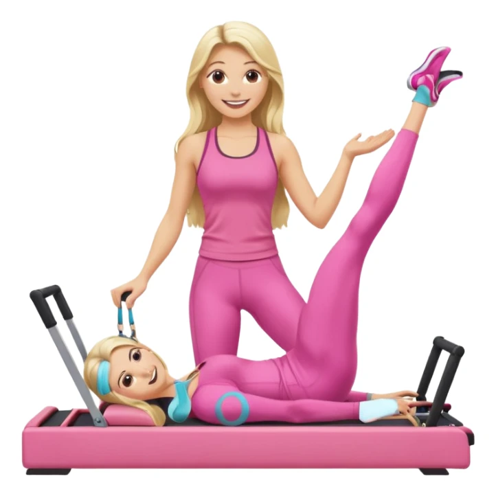 long haired blonde pilates instructor teaching reformer in pink set sticker