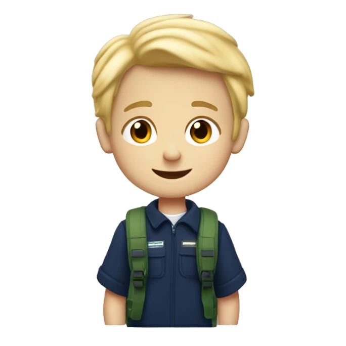 2 boys school, navy fleece, blond hair with ruck sacks sticker