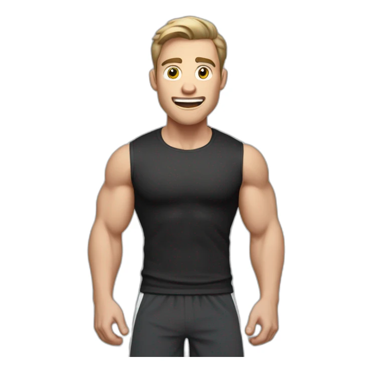 amazed Open with surprise mouth Pale skinned Fit Man With the biceps and dark brown hair in black shirt, gray sports shorts and white Sneakers sticker