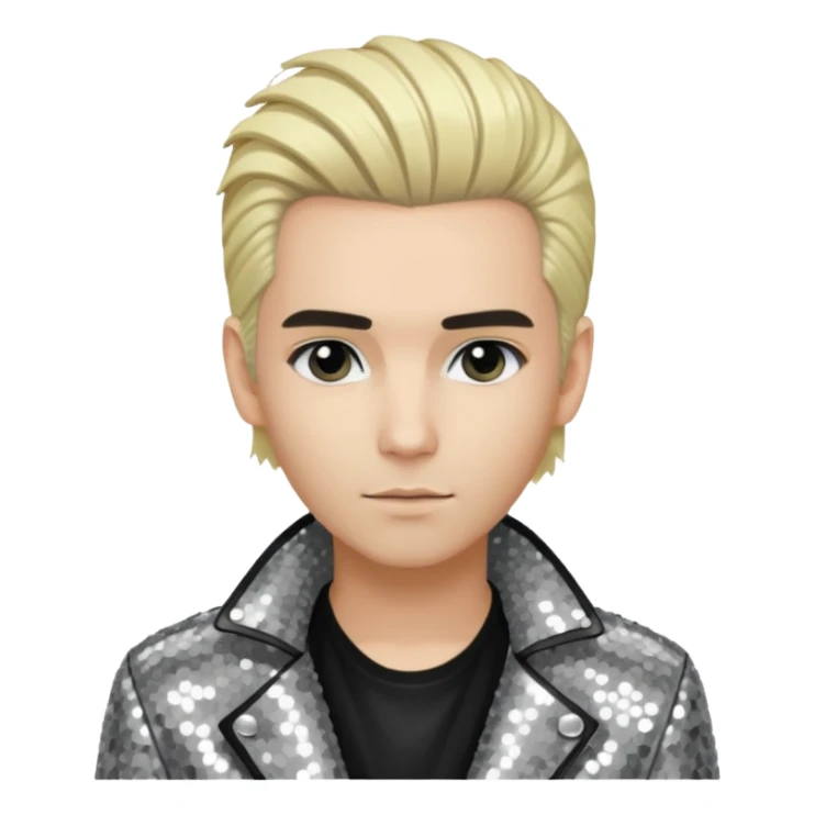  Bill Kaulitz from Tokio Hotel with blonde hair, silver sequin jacket, black shirt sticker