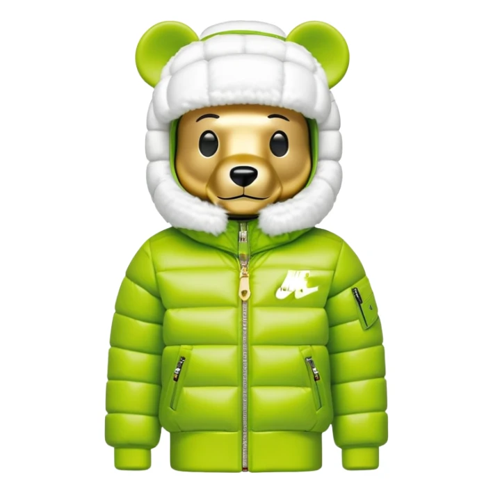 classic geometrical bearbrick with cubic body structure, lime balaclava with built-in single visor lens, Nike logo puffer jacket with luxurious white fur collar and cuffs, designer streetwear, gold chains sticker