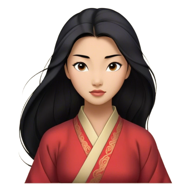 Cinematic Realistic Mulan Portrait, depicted with lifelike skin texture, soft natural lighting, and intricately detailed long black hair styled elegantly. Her deep, expressive eyes exude determination and grace, complemented by a serene yet confident expression. She is dressed in her classic attire, with rich fabric textures and delicate folds that catch the light beautifully. The portrait features a soft, enchanting glow with a natural, radiant finish, capturing the essence of timeless strength and beauty in a realistic and painterly style, evoking a sense of depth and authenticity. sticker